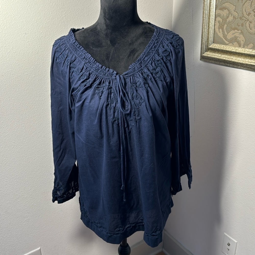 Lucky Brand dark blue Boho peasant split collar ties Sz M top blouse